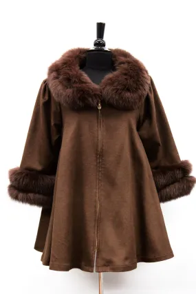 Coat with Fox Fur Collar and Fur Trim Sleeves - Brown