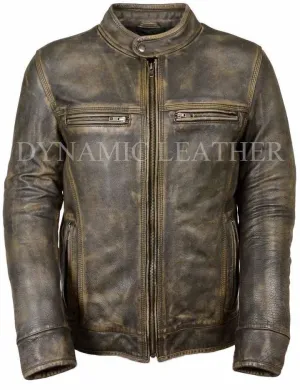 Distressed Wax Men's Biker Vintage Style Cafe Racer Motorcycle Leather Jacket