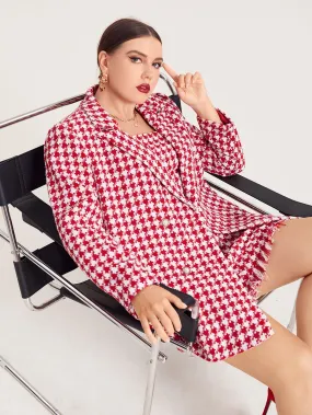 Elegant Houndstooth Button Front Long Sleeve Lapel Regular Plus Size Overcoat