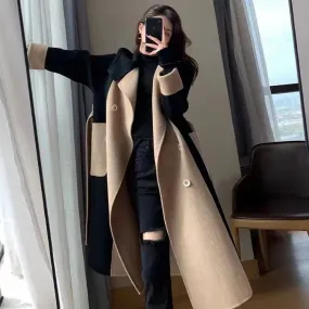 Fashionkova rainy day outfit Winter New Loose plus Size Color Matching Elegant Hepburn Style Slimming Woolen Coat Women's Long Belt Overcoat