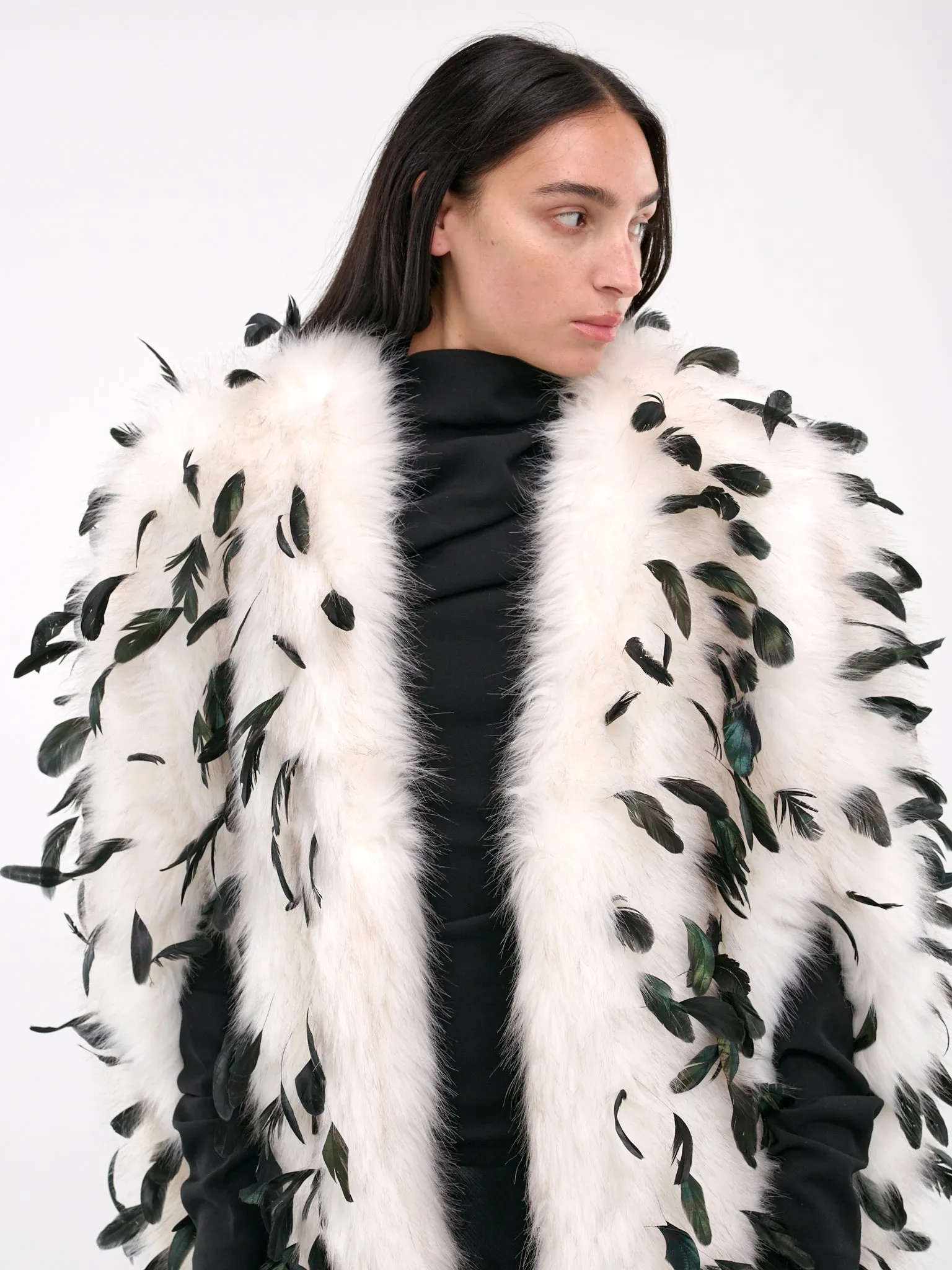 Faux Fur Feather Coat (JA10BW15-BLACK-WHITE)