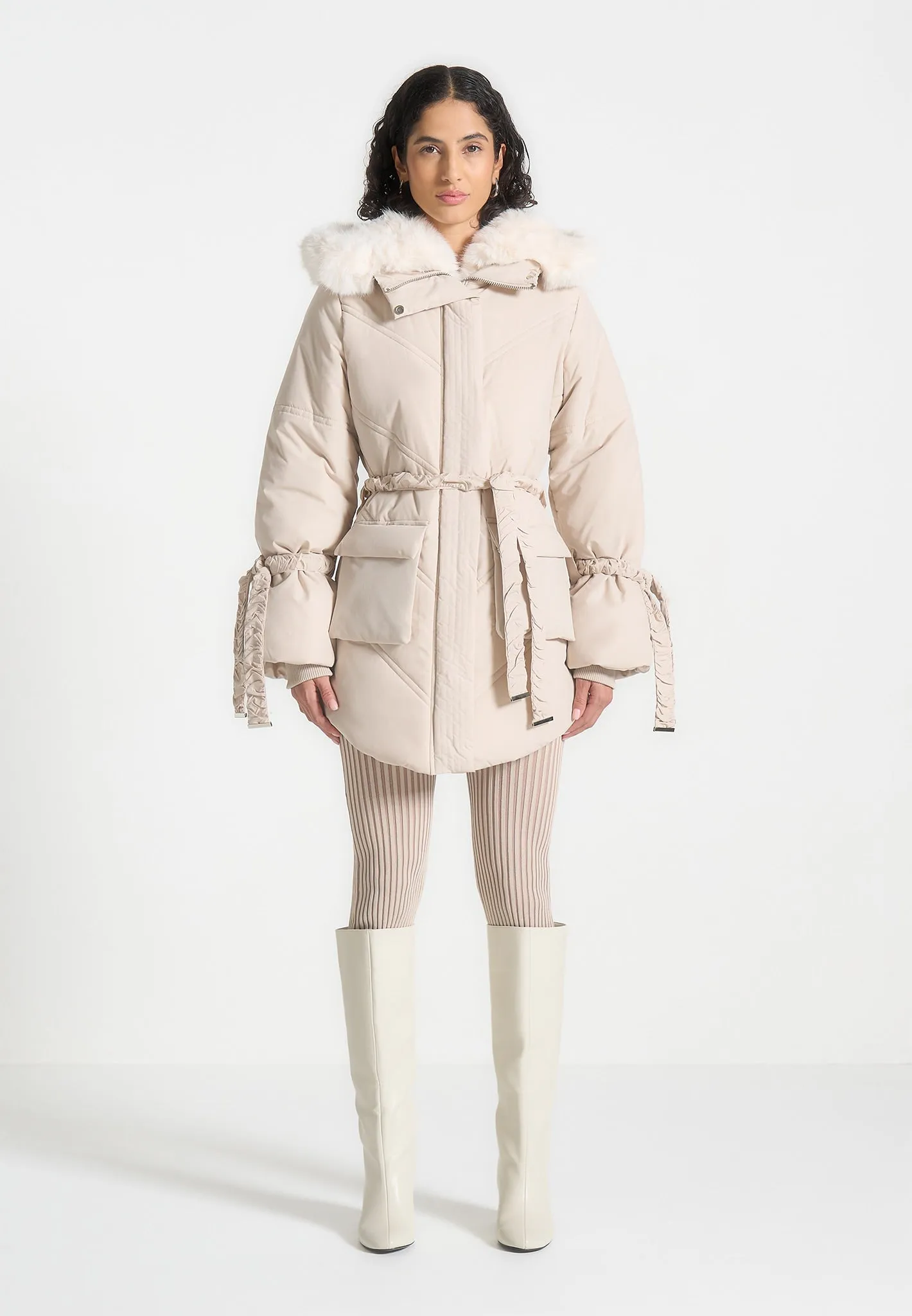 Faux Fur Longline Coat - Beige