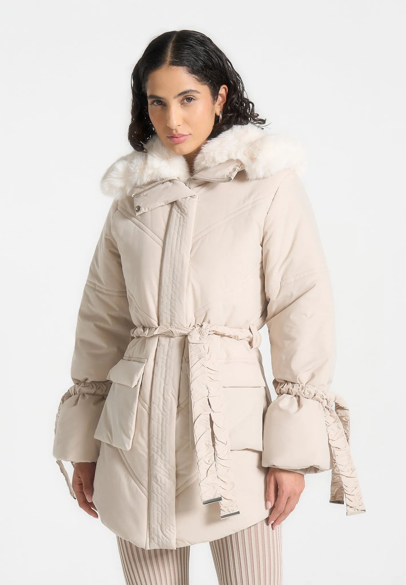 Faux Fur Longline Coat - Beige