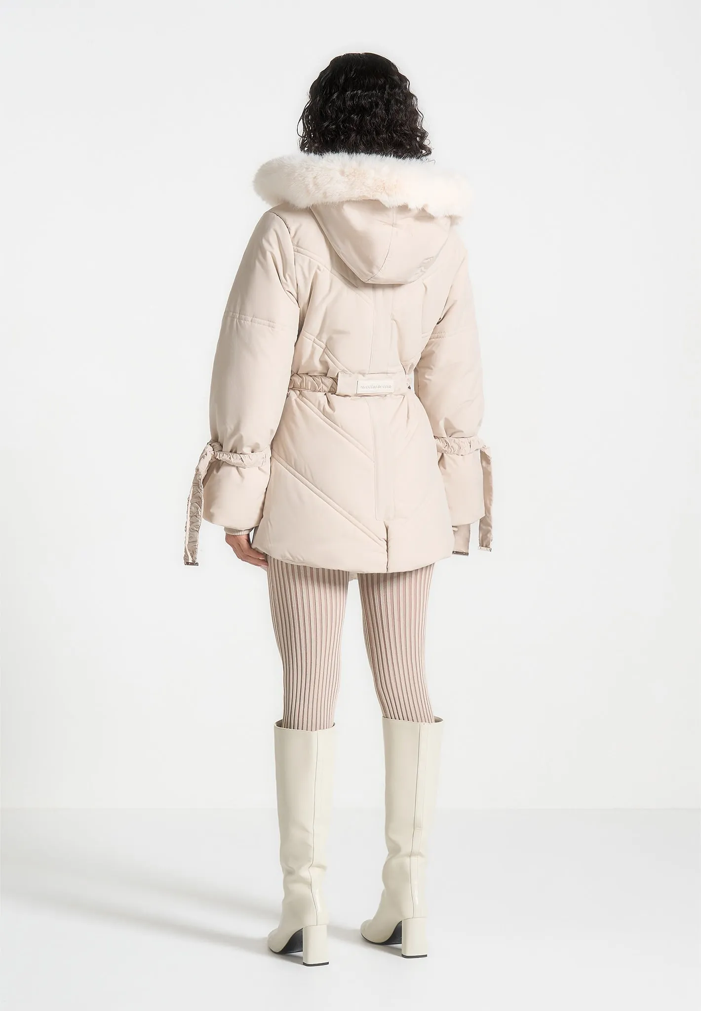 Faux Fur Longline Coat - Beige