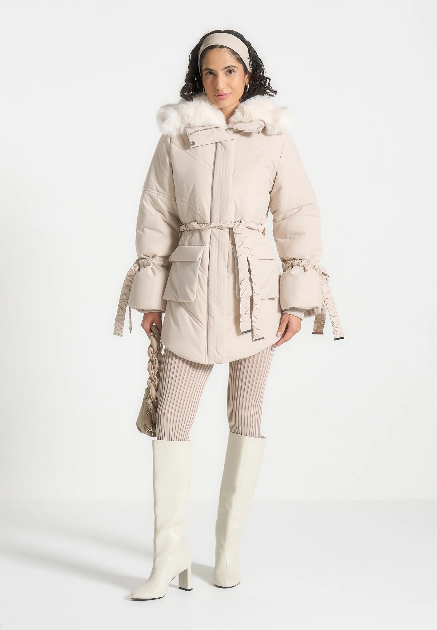 Faux Fur Longline Coat - Beige