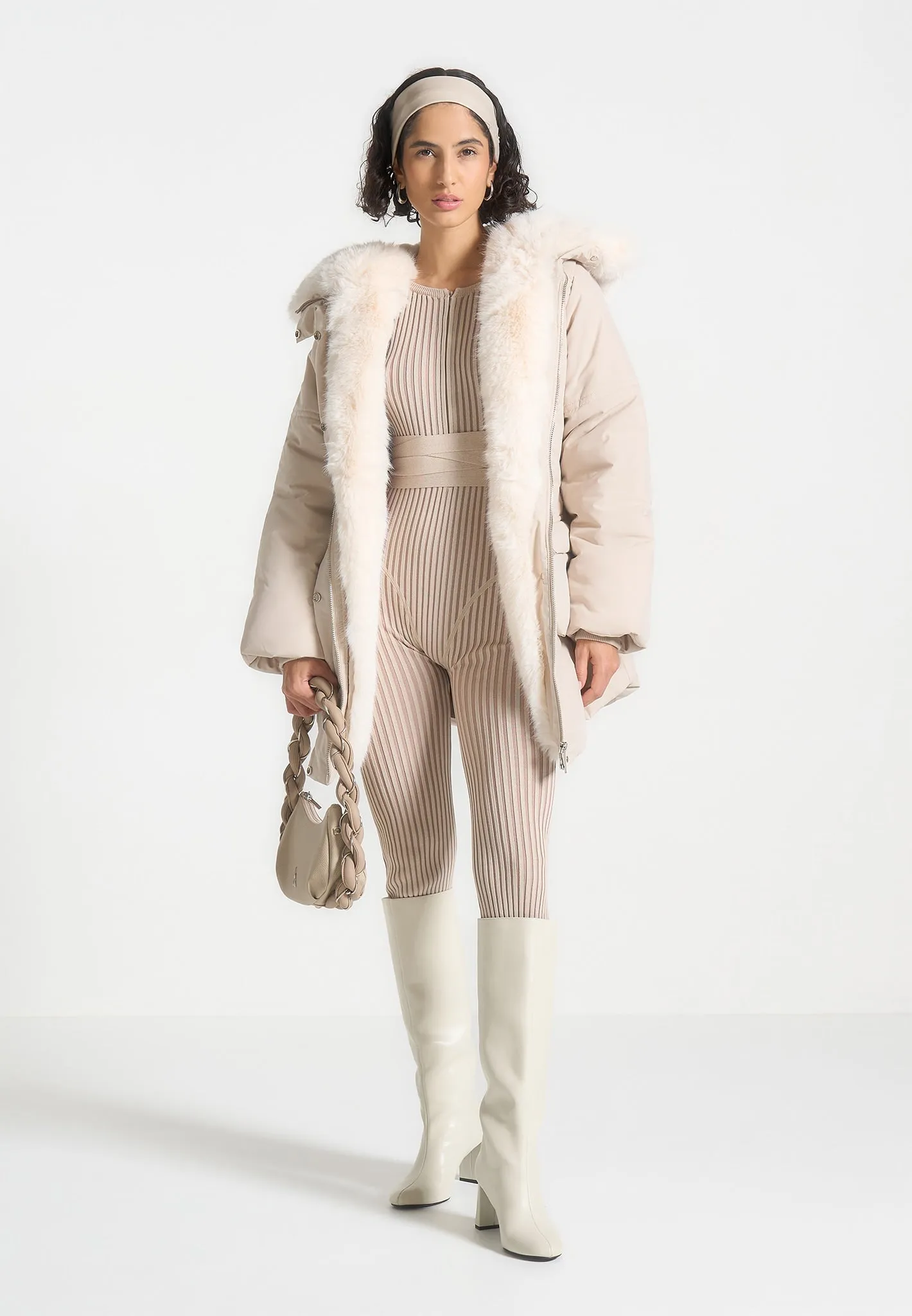 Faux Fur Longline Coat - Beige