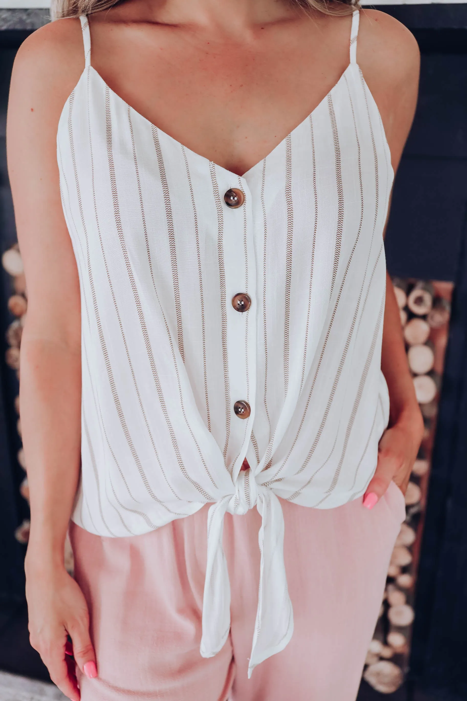 Fresh Feeling Striped Tie Front Top - Taupe