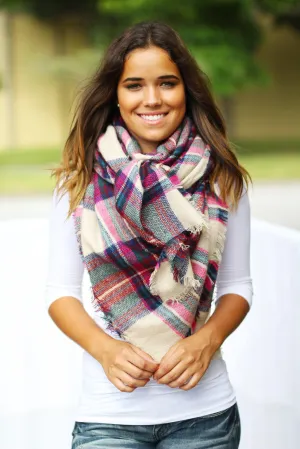 Fuchsia Plaid Blanket Scarf