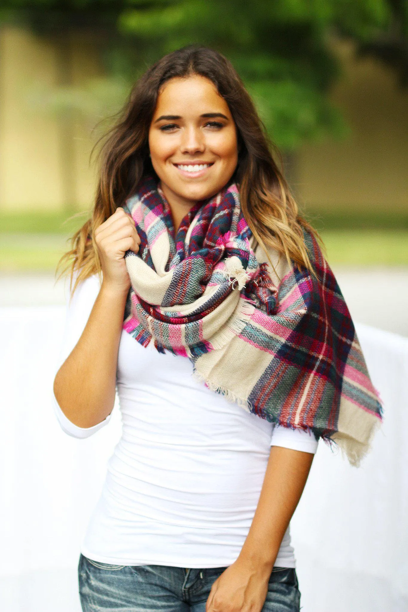 Fuchsia Plaid Blanket Scarf