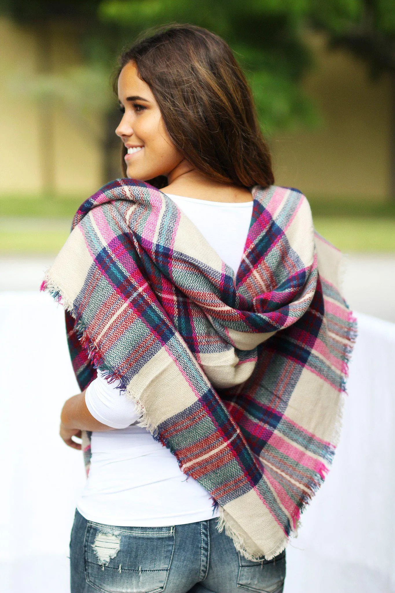 Fuchsia Plaid Blanket Scarf