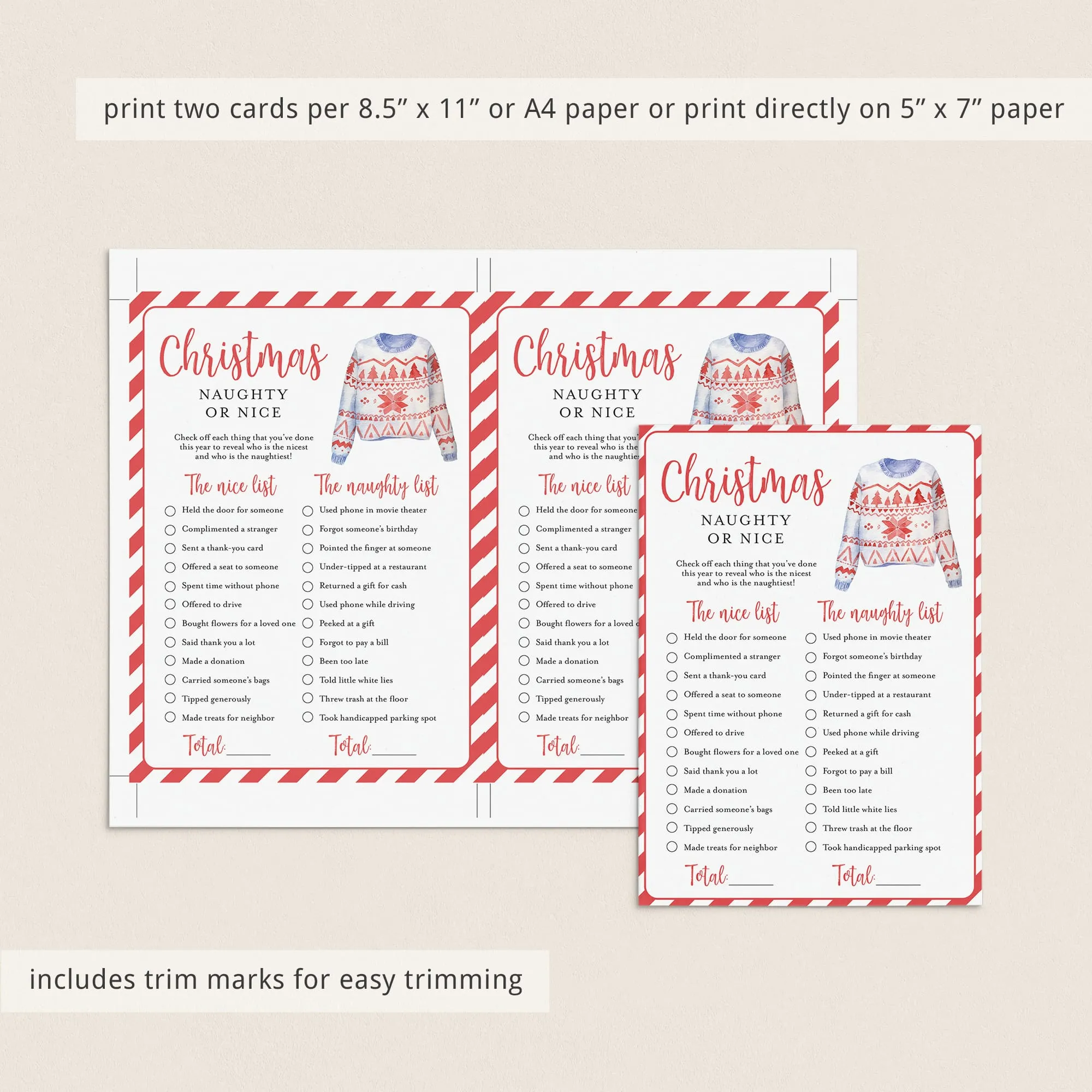 Funny Ugly Sweater Party Game Naughty or Nice Printable