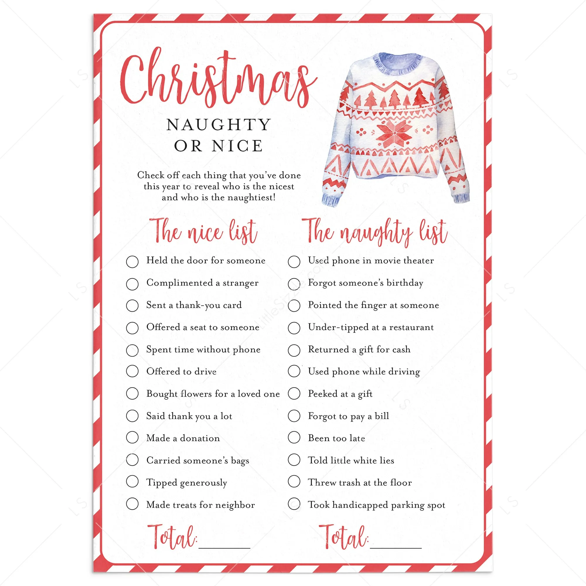 Funny Ugly Sweater Party Game Naughty or Nice Printable