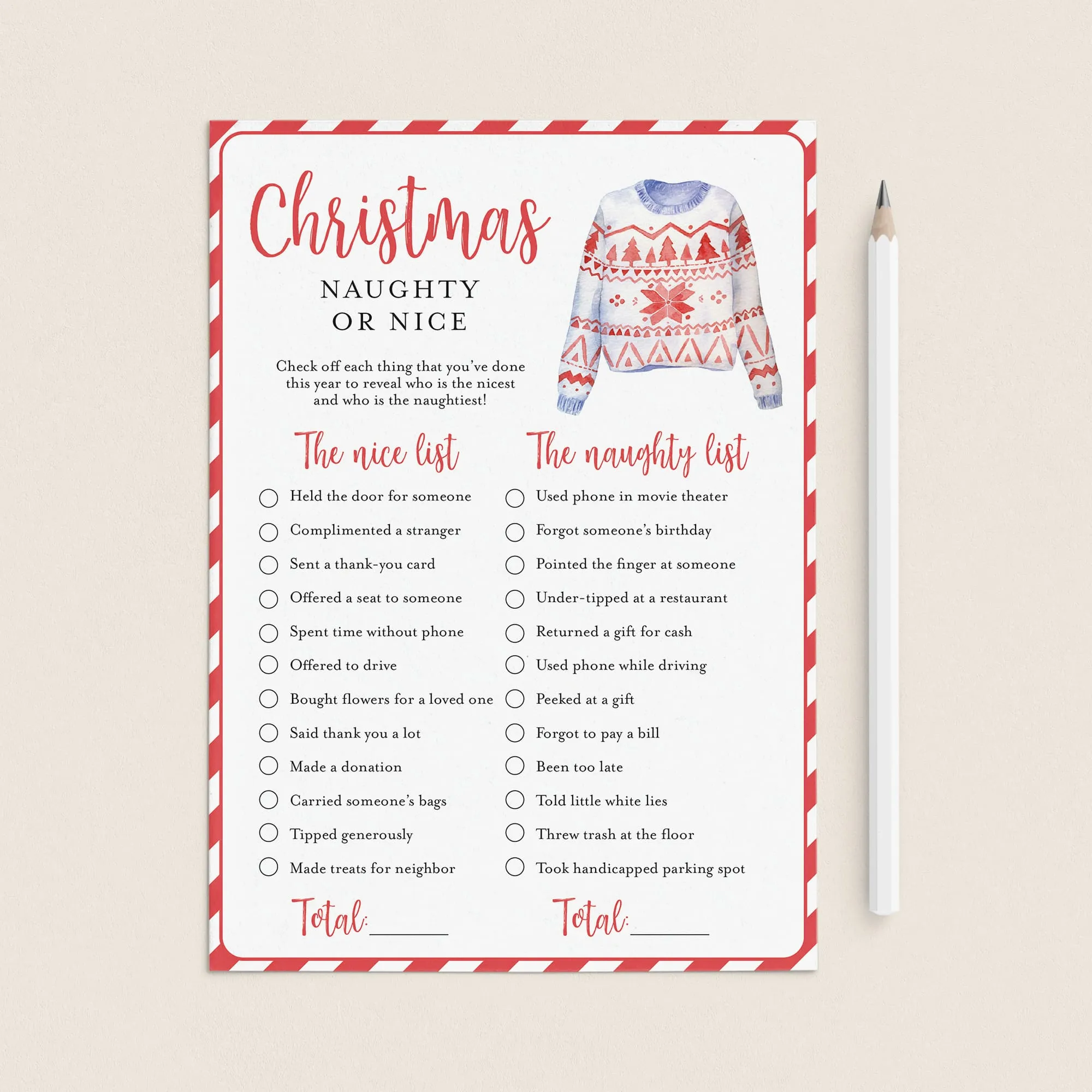 Funny Ugly Sweater Party Game Naughty or Nice Printable