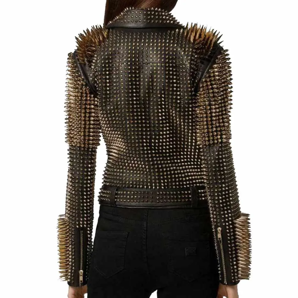 Golden Studded Leather Spikes Jacket