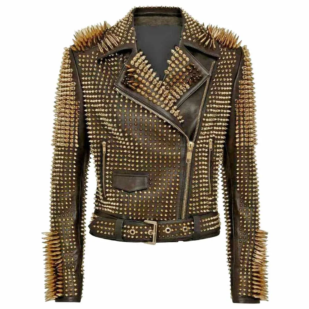 Golden Studded Leather Spikes Jacket