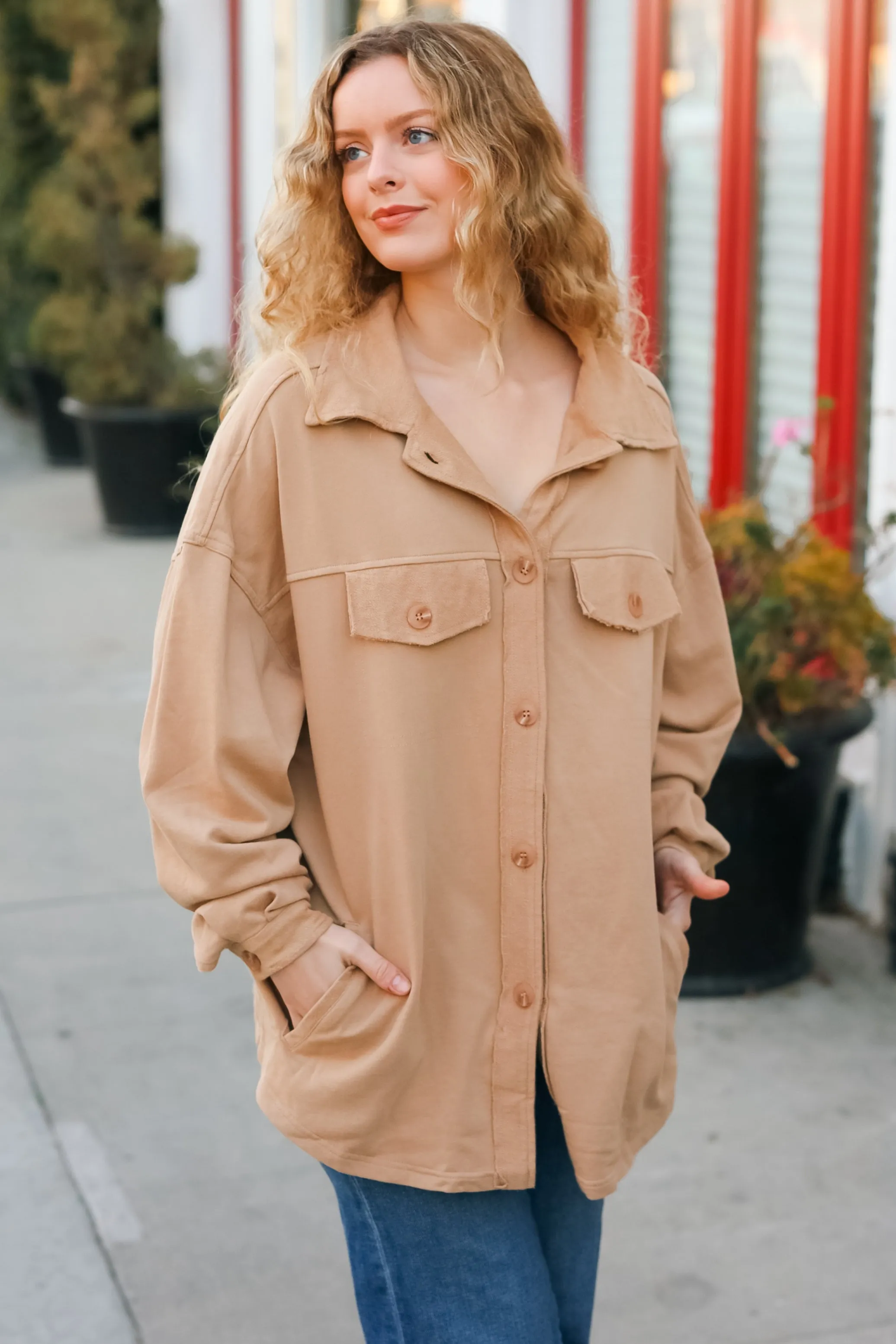 Good Times Camel Terry Oversized Shirt Shacket