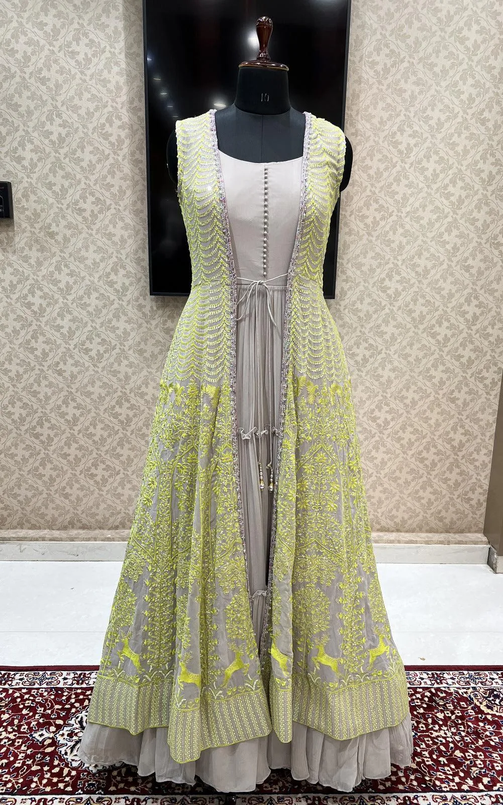 Grey Thread, Sequins and Beads work Long Overcoat Styled Floor Length Anarkali Suit