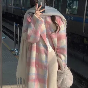 Hnzxzm cold weather outfits Pink Plaid Woolen Overcoat for Women 2024 Spring and Autumn New Korean Style Mid-Length Woolen Overcoat for Women