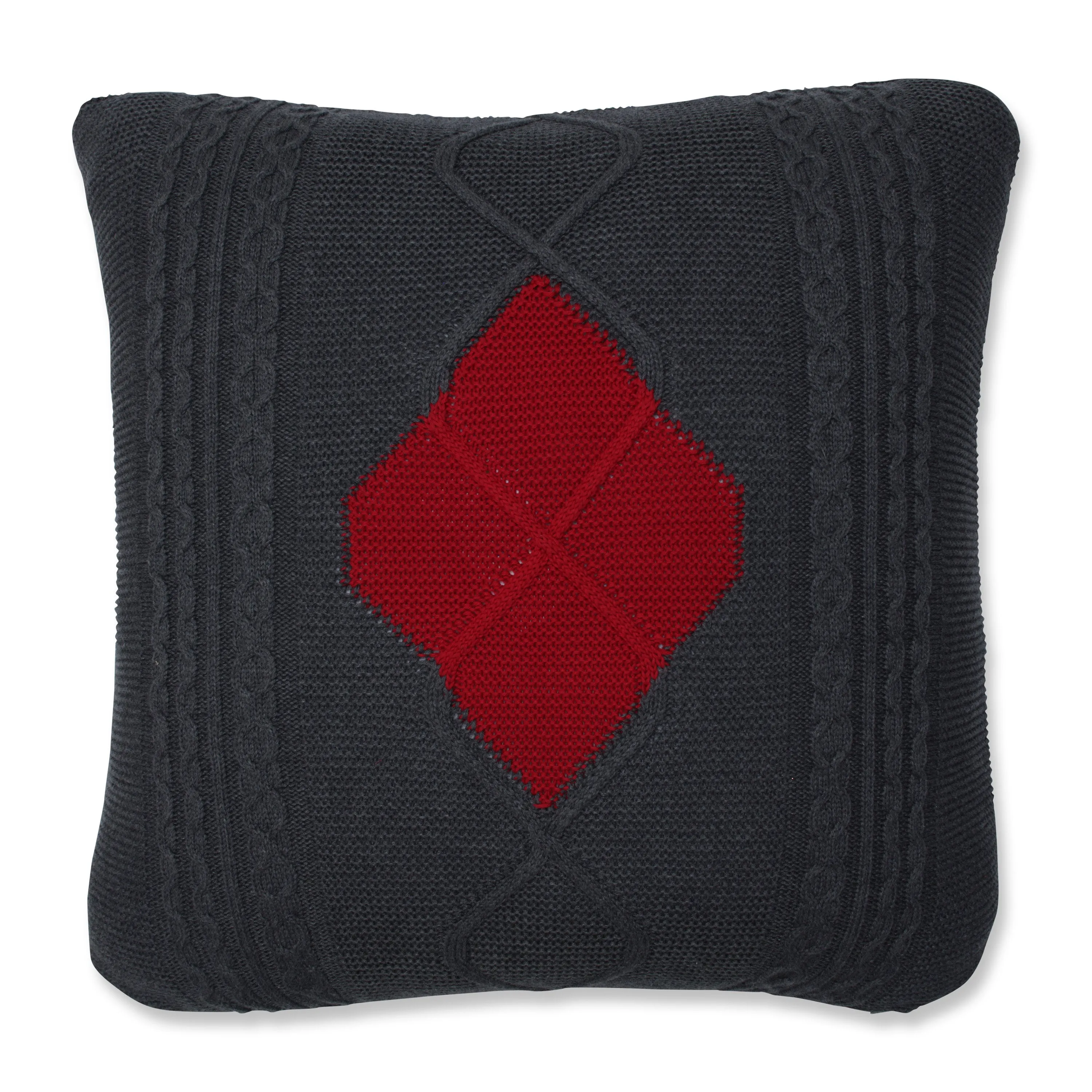 Indoor Christmas Cable Argyle Charcoal/Red 18-inch Throw Pillow