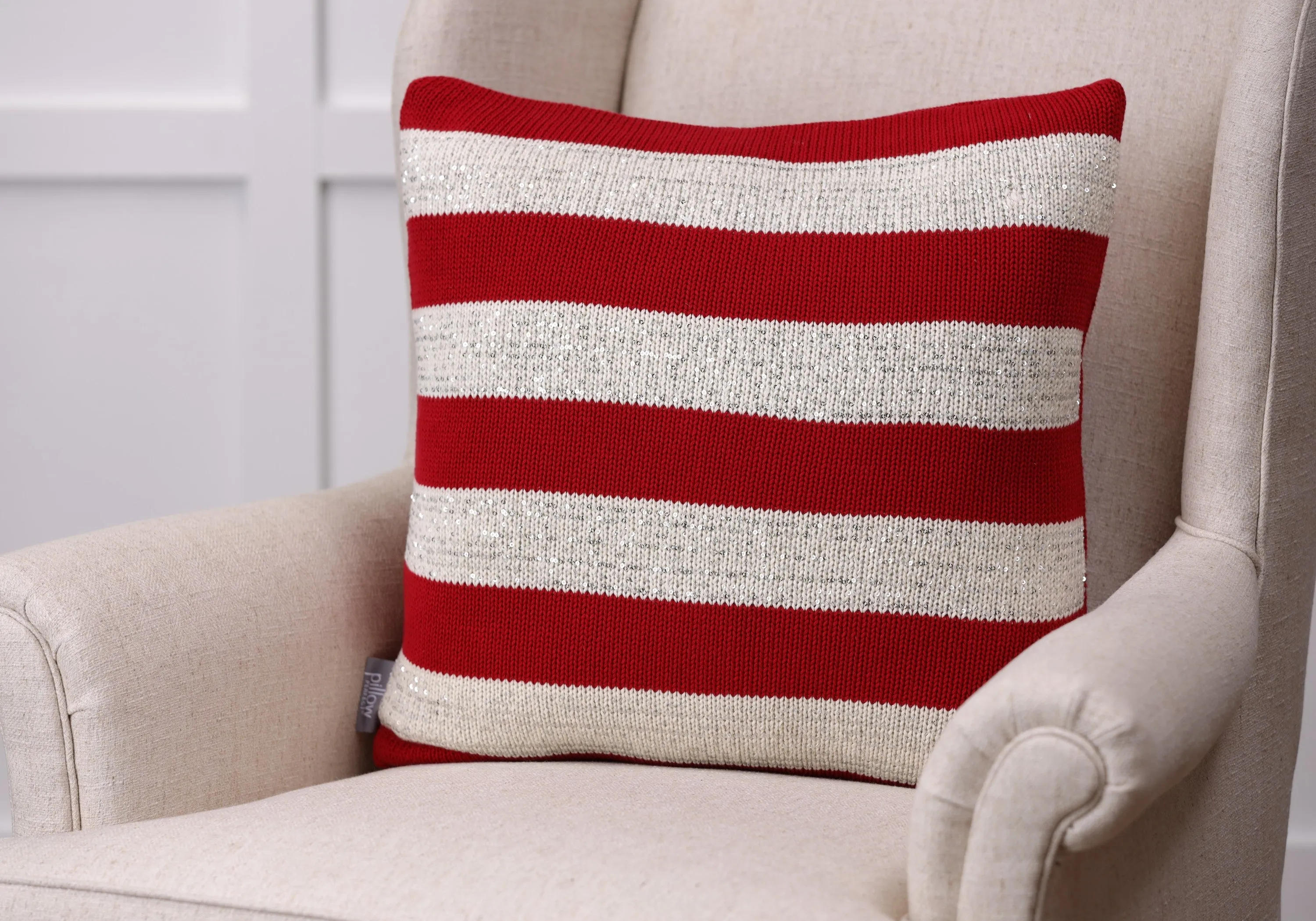 Indoor Red and Cream Horizontal Stripe Sequin 18.5-inch Throw Pillow