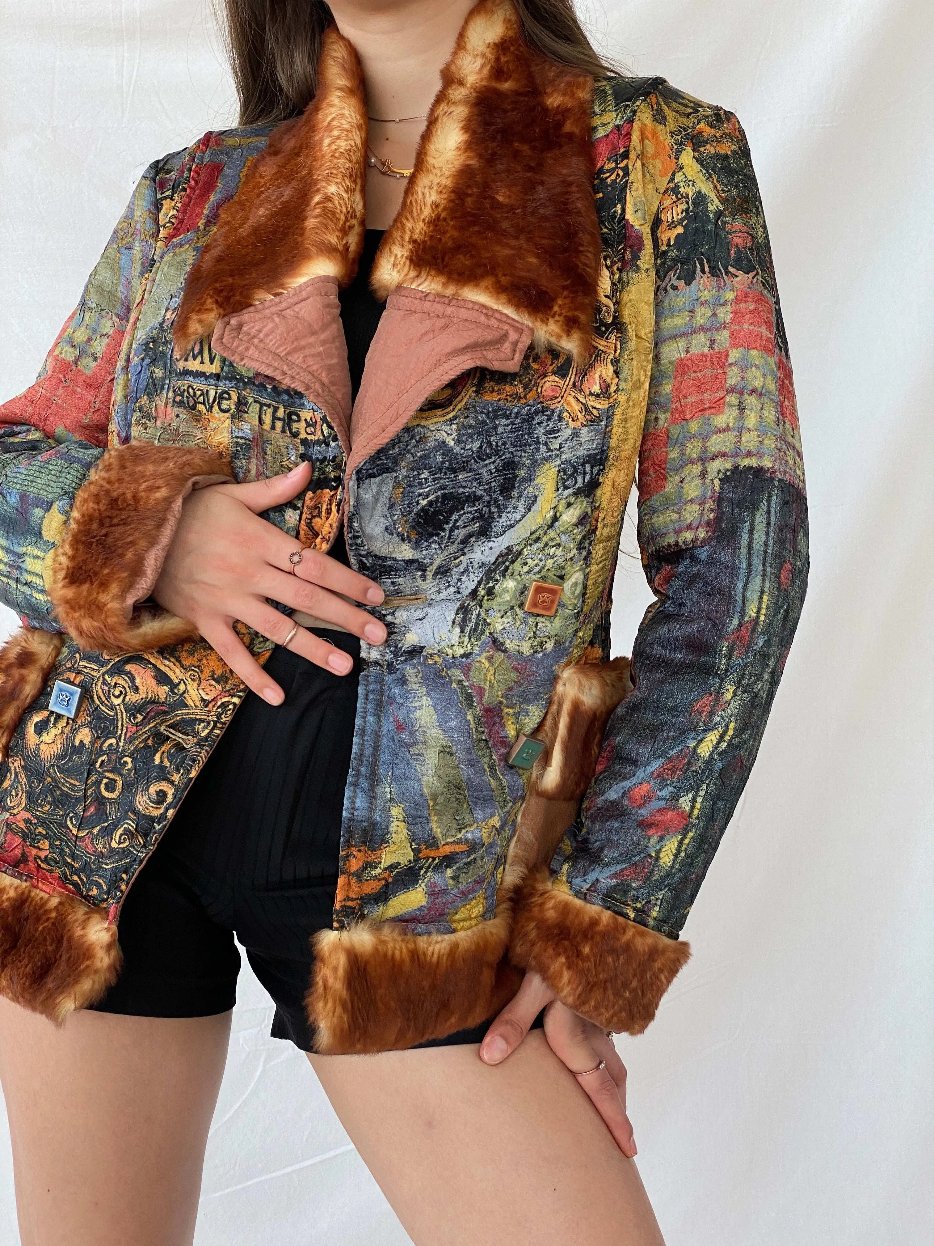 Insane Save The Queen Faux Fur Boho Printed Jacket - M