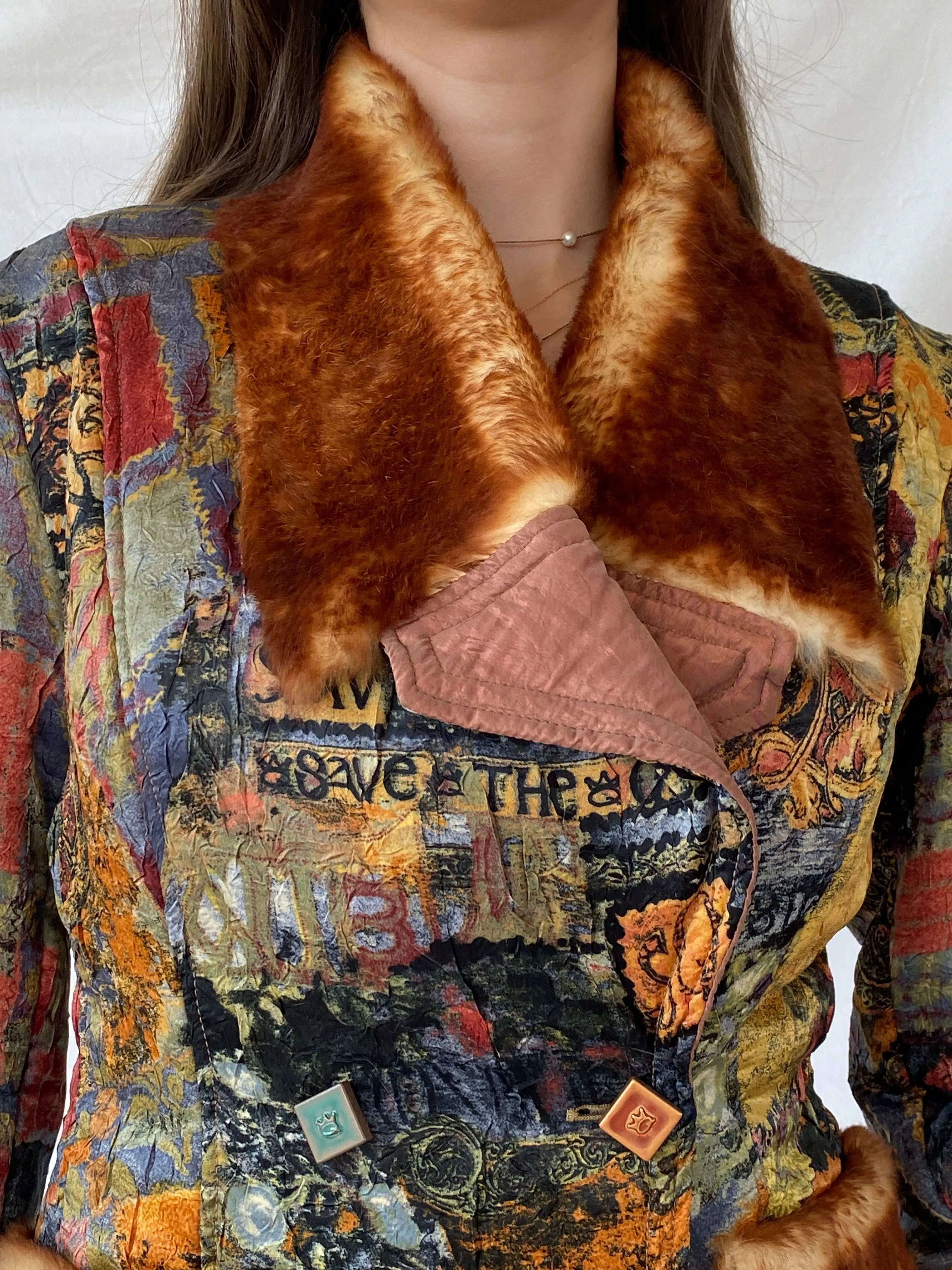 Insane Save The Queen Faux Fur Boho Printed Jacket - M