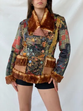 Insane Save The Queen Faux Fur Boho Printed Jacket - M