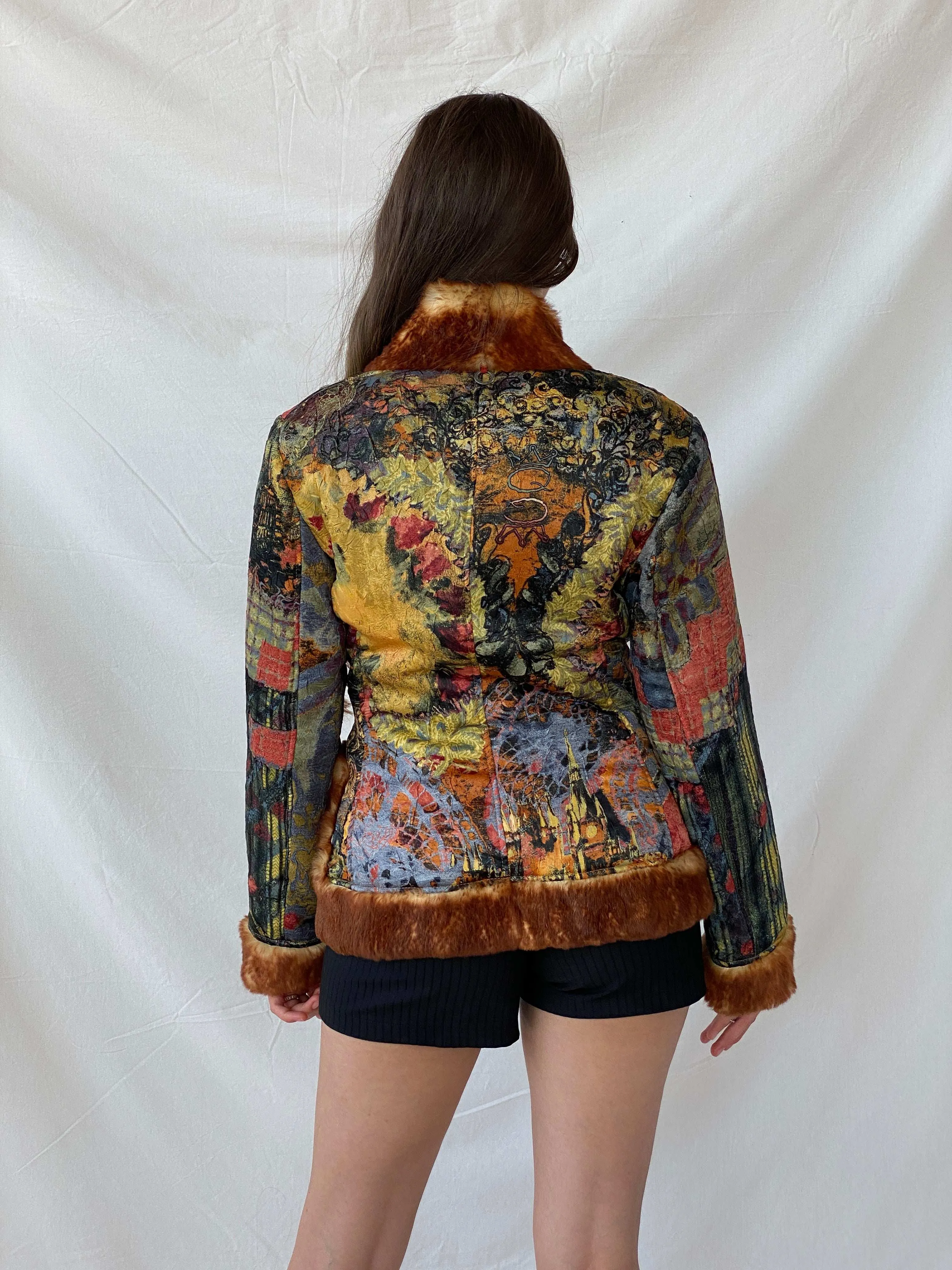 Insane Save The Queen Faux Fur Boho Printed Jacket - M