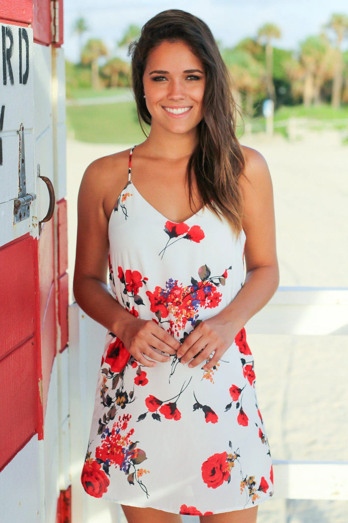 Ivory and Red Floral Tank Short Dress