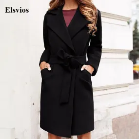 Joskaa Autumn Office Turn-down Collar Lady Overcoat Fashion Simple Pocket Solid Belted Cardigan Outwear Winter Long Sleeve Women Coats