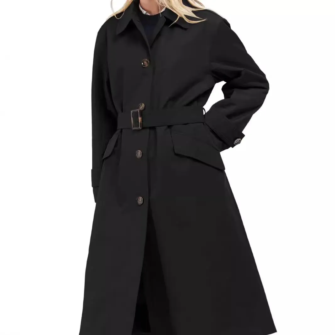 Joskaa winter outfits men Spring Women's Solid Color Lapel Lace-up Single-Breasted Extended Trench Coat British Temperament Overcoat