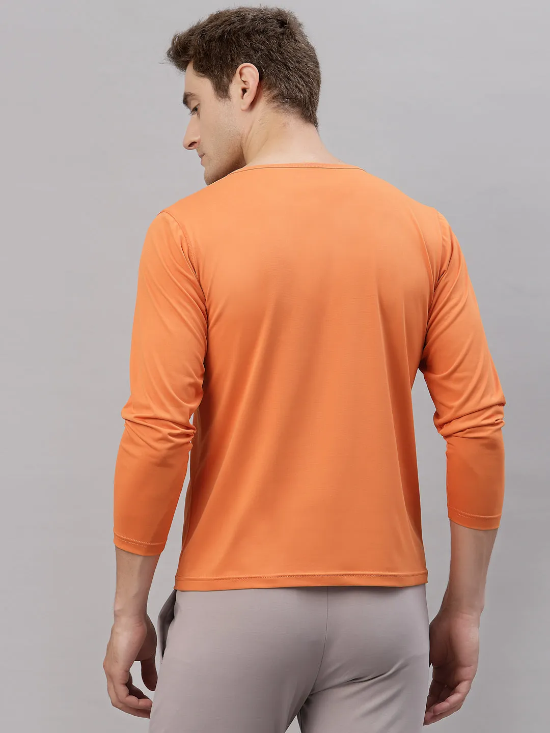 JUMP USA Men Orange Henley Neck Long Sleeves T-Shirt