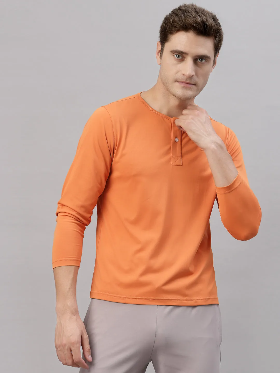 JUMP USA Men Orange Henley Neck Long Sleeves T-Shirt