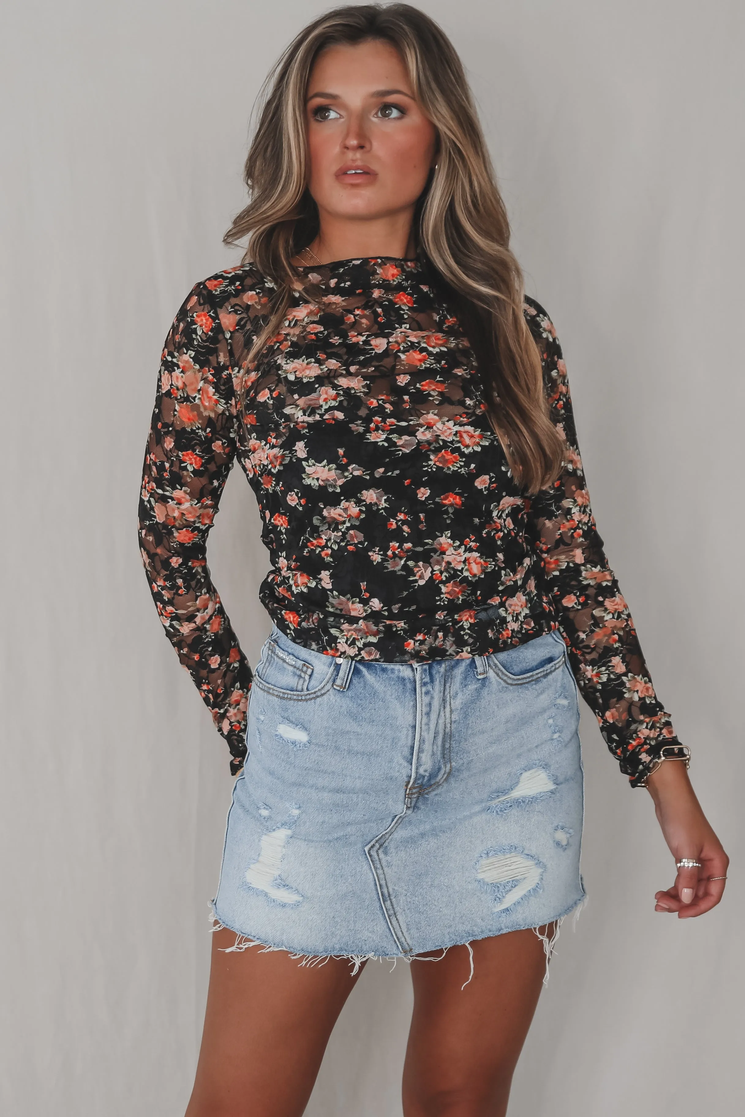 Just A Flirt Lace Mesh Floral Top