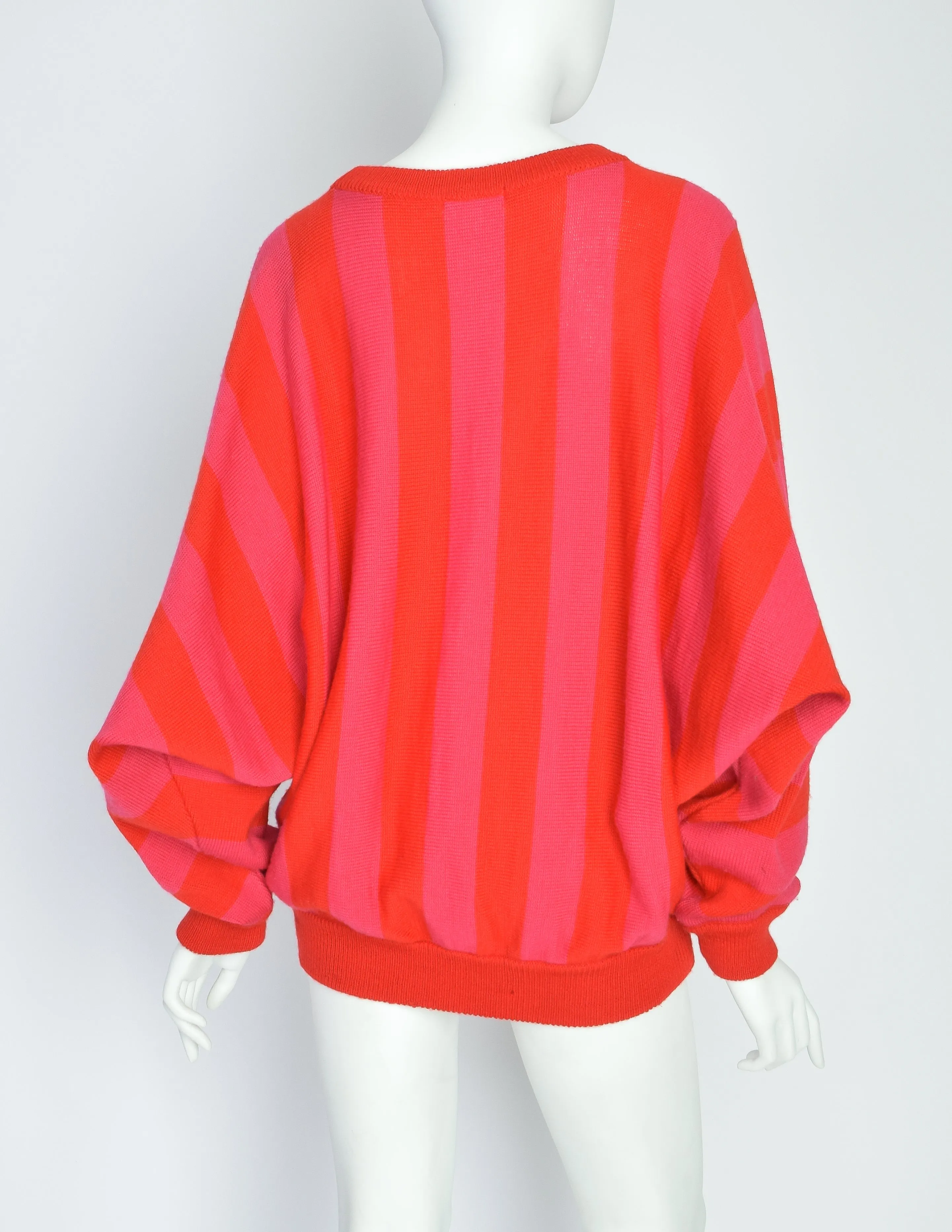 Kansai Yamamoto Vintage Red Pink Striped Dragon Applique Sweater