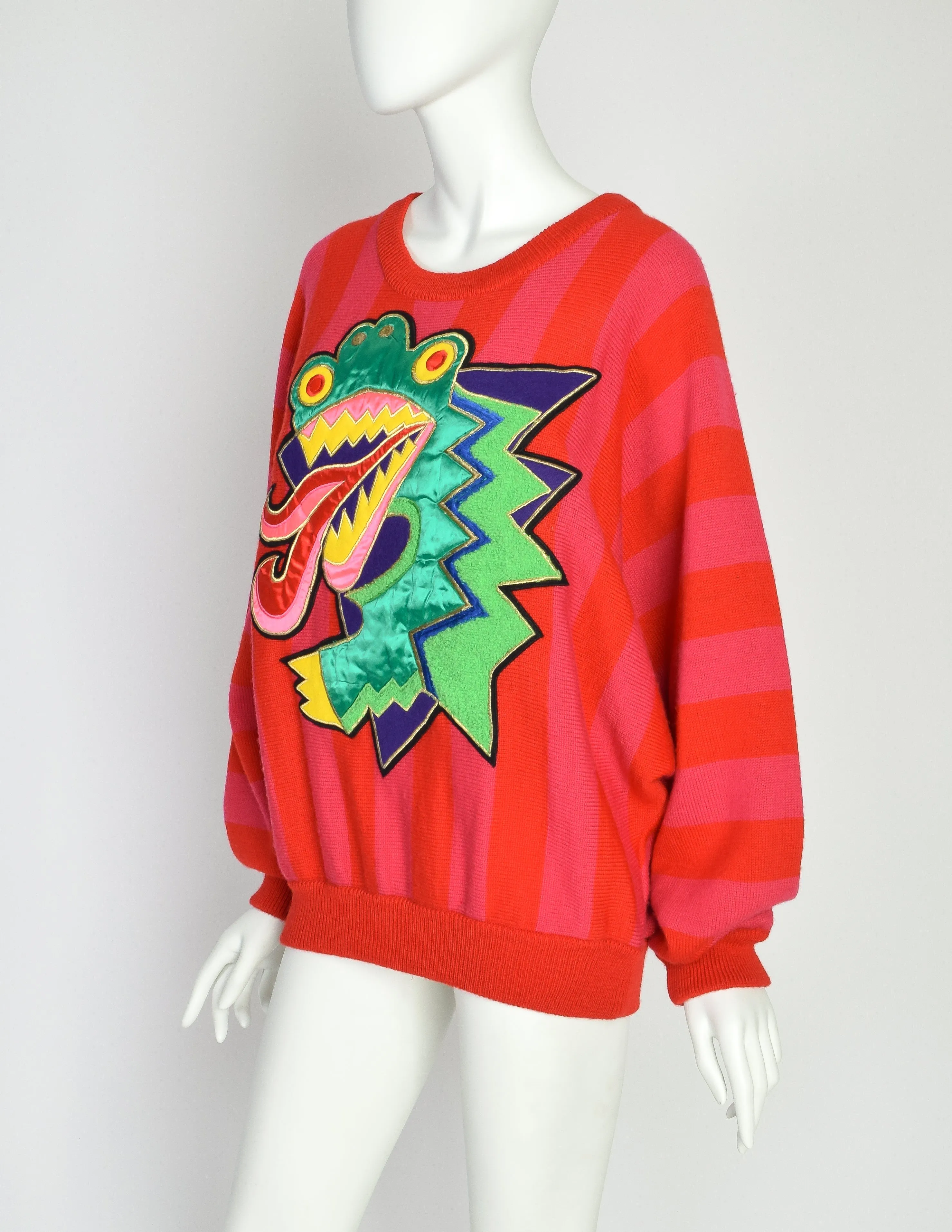 Kansai Yamamoto Vintage Red Pink Striped Dragon Applique Sweater