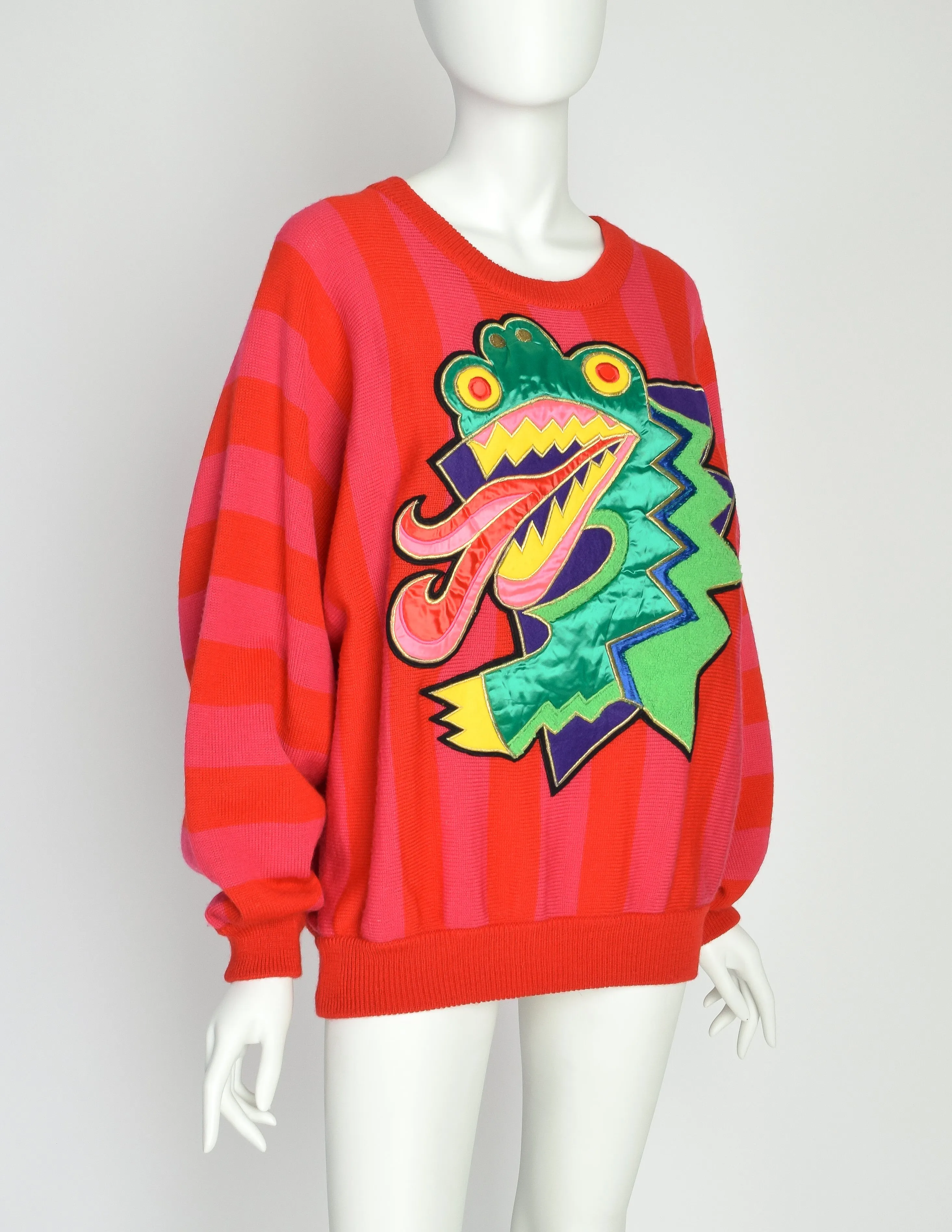 Kansai Yamamoto Vintage Red Pink Striped Dragon Applique Sweater