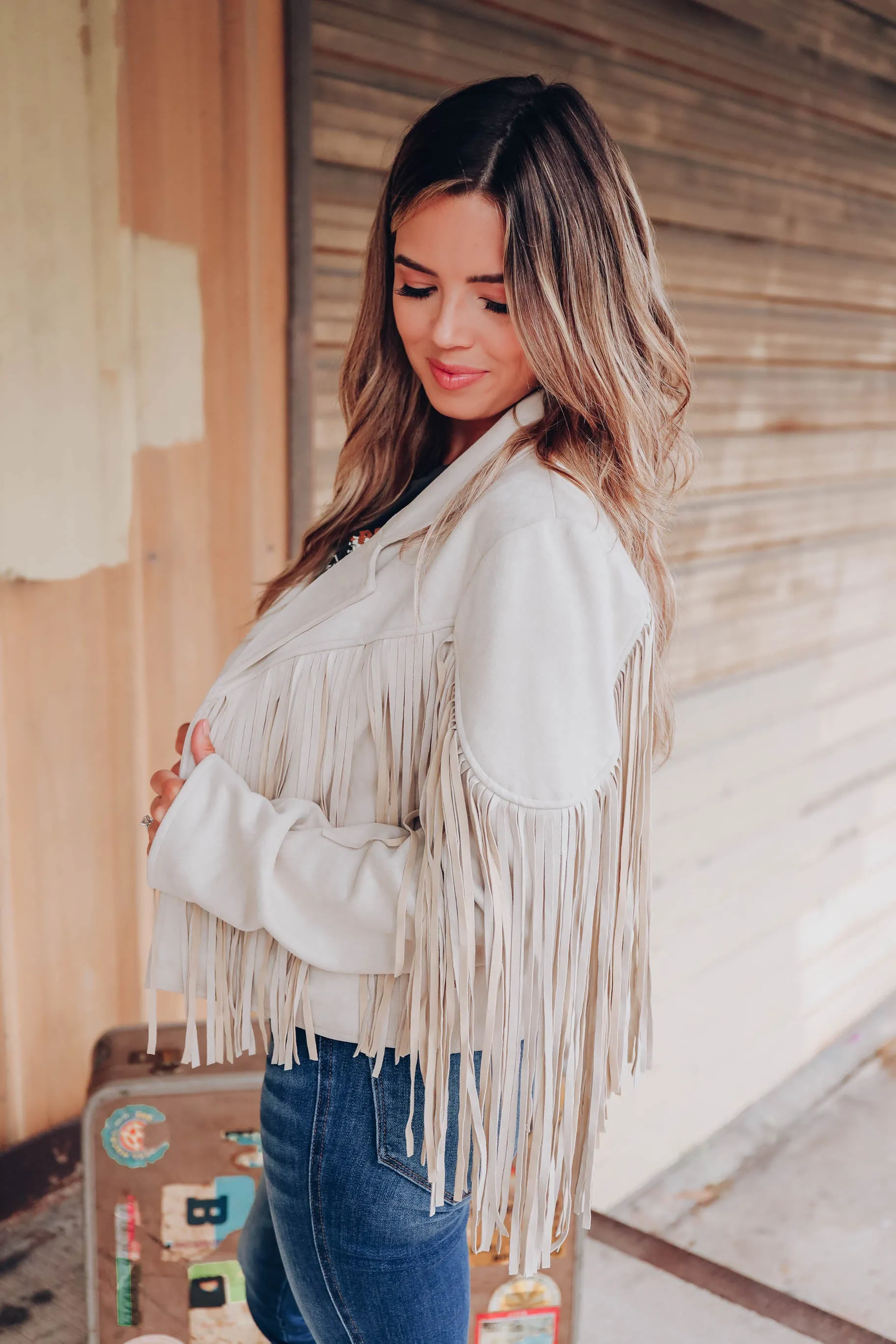 Kayden Faux Suede Fringe Jacket - Taupe