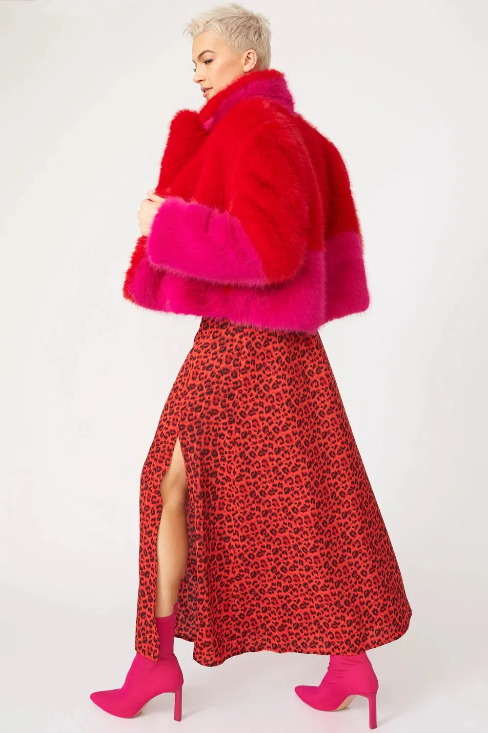 Ladies Red Pink Bamboo Faux Fur Double Cropped Coat