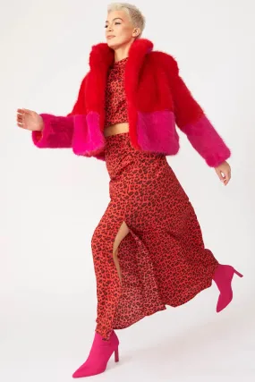 Ladies Red Pink Bamboo Faux Fur Double Cropped Coat