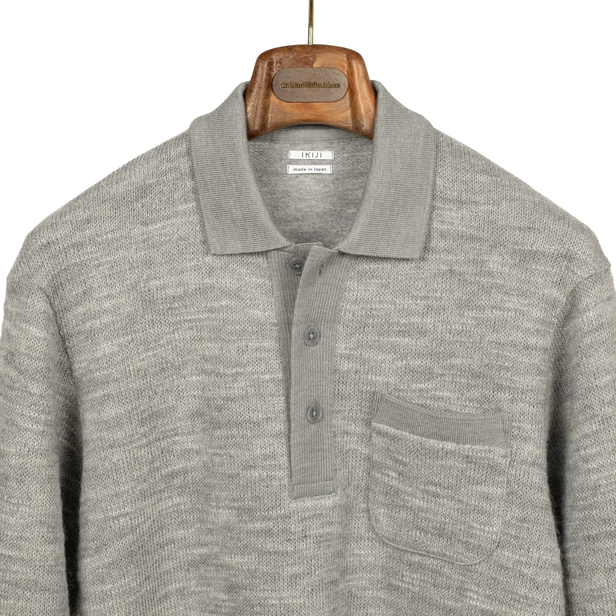 Lined polo sweater in light grey wool and cotton