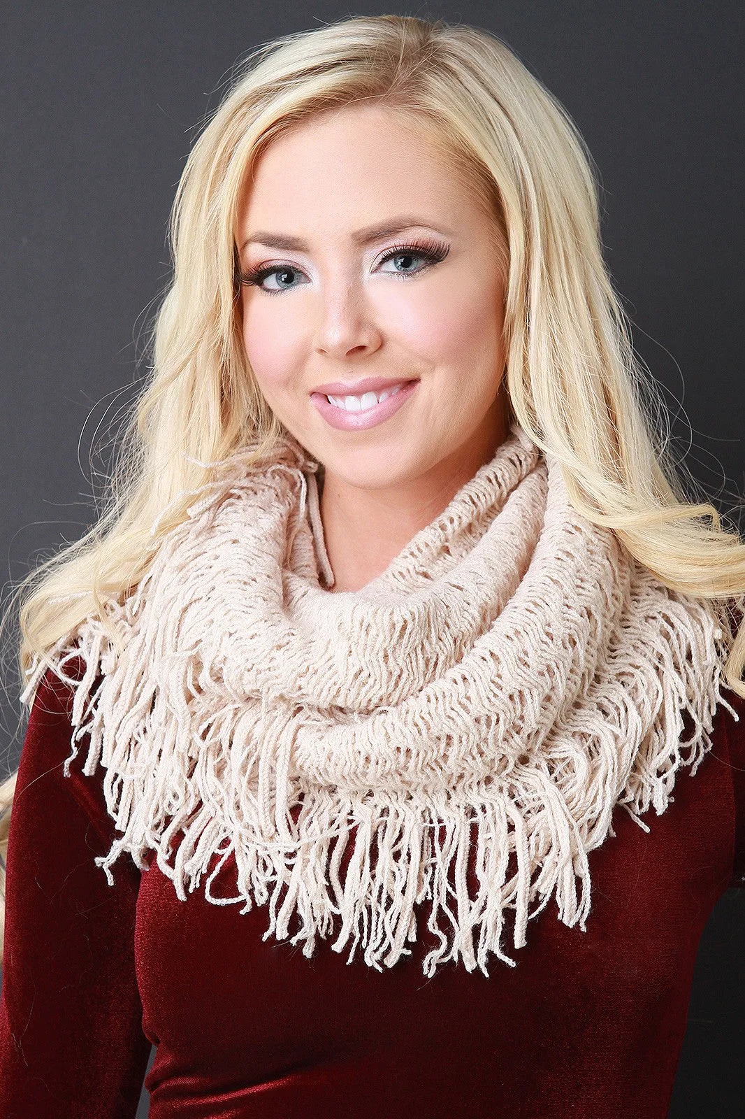 Loose Knit Fringe Hem Infinity Scarf