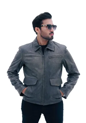 MEN'S AVIATOR DISTRESS BLACK GREY REAL LEATHER JACKET