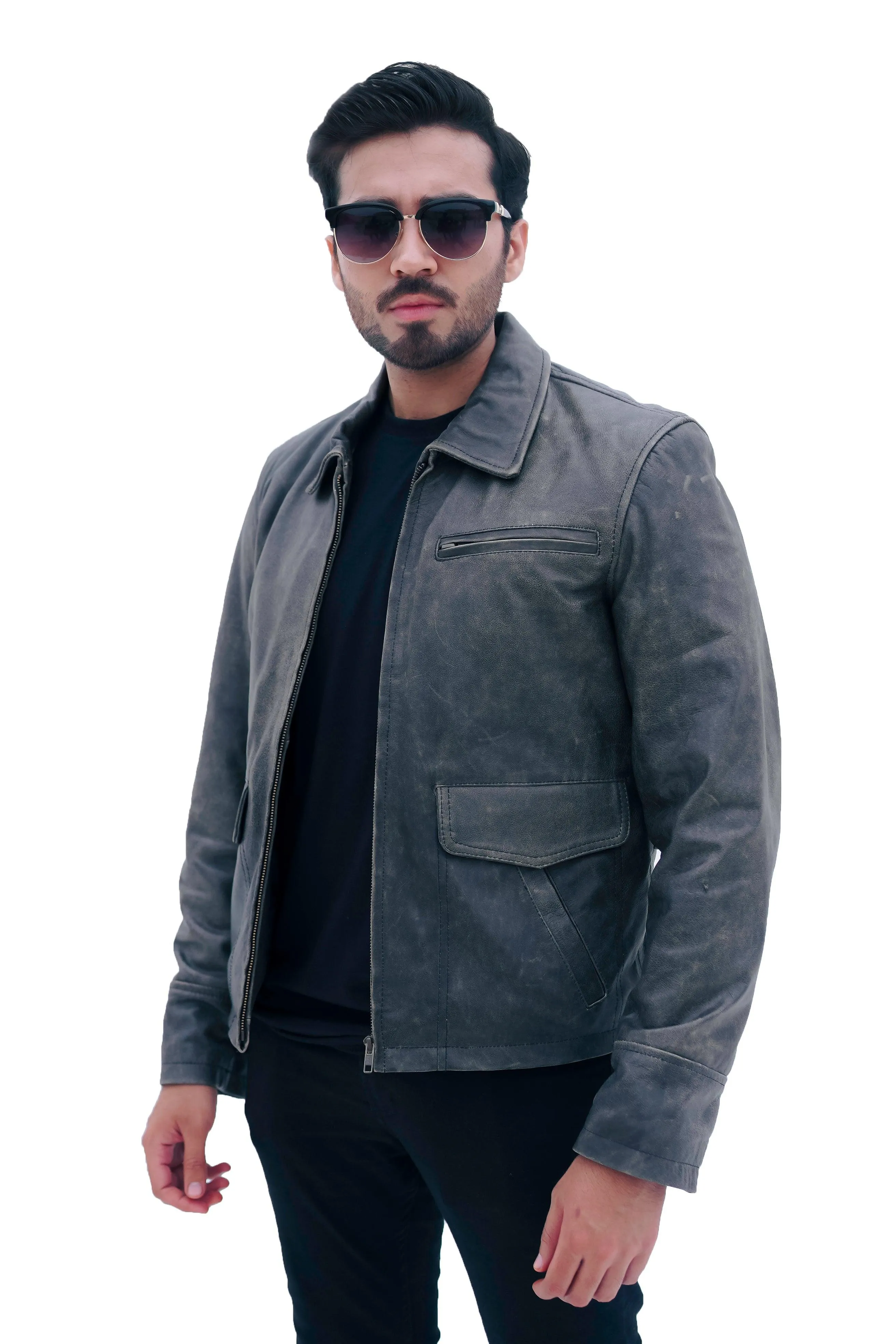 MEN'S AVIATOR DISTRESS BLACK GREY REAL LEATHER JACKET