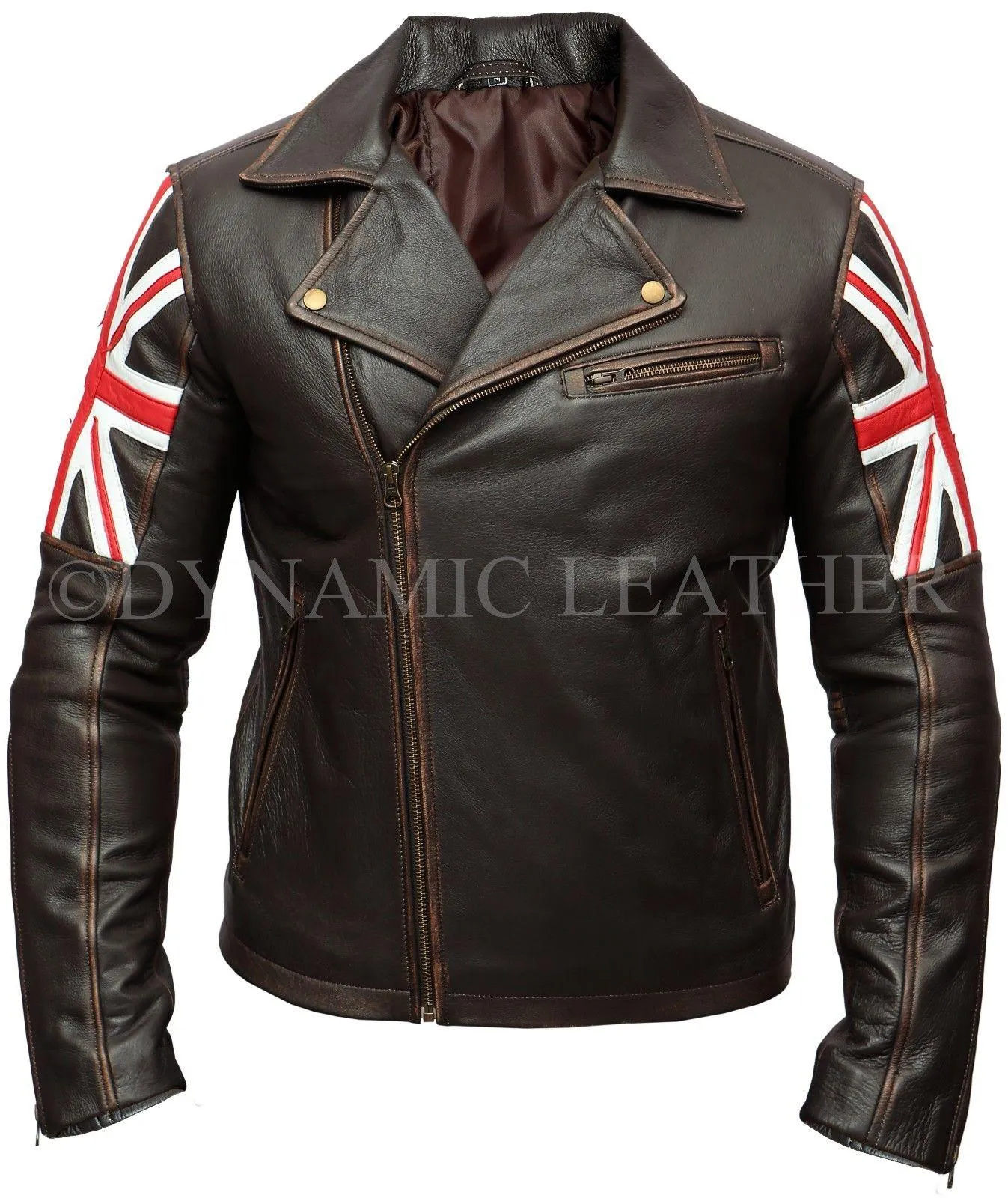 Men's Biker Vintage Distressed Brown Union Jack Racer Leather Jacket