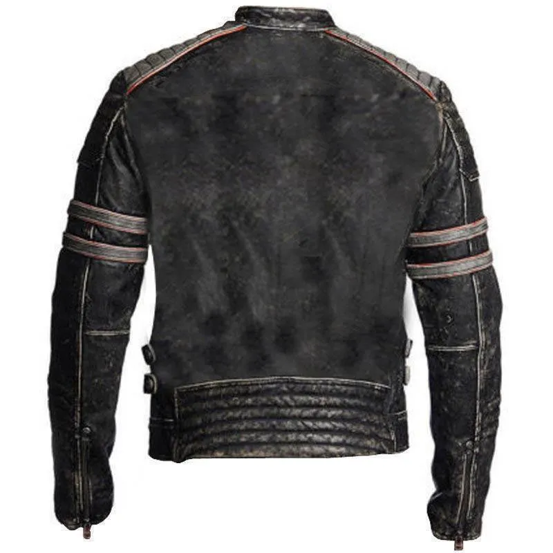 Mens Biker Vintage Motorcycle Distressed Black Retro Leather Jacket