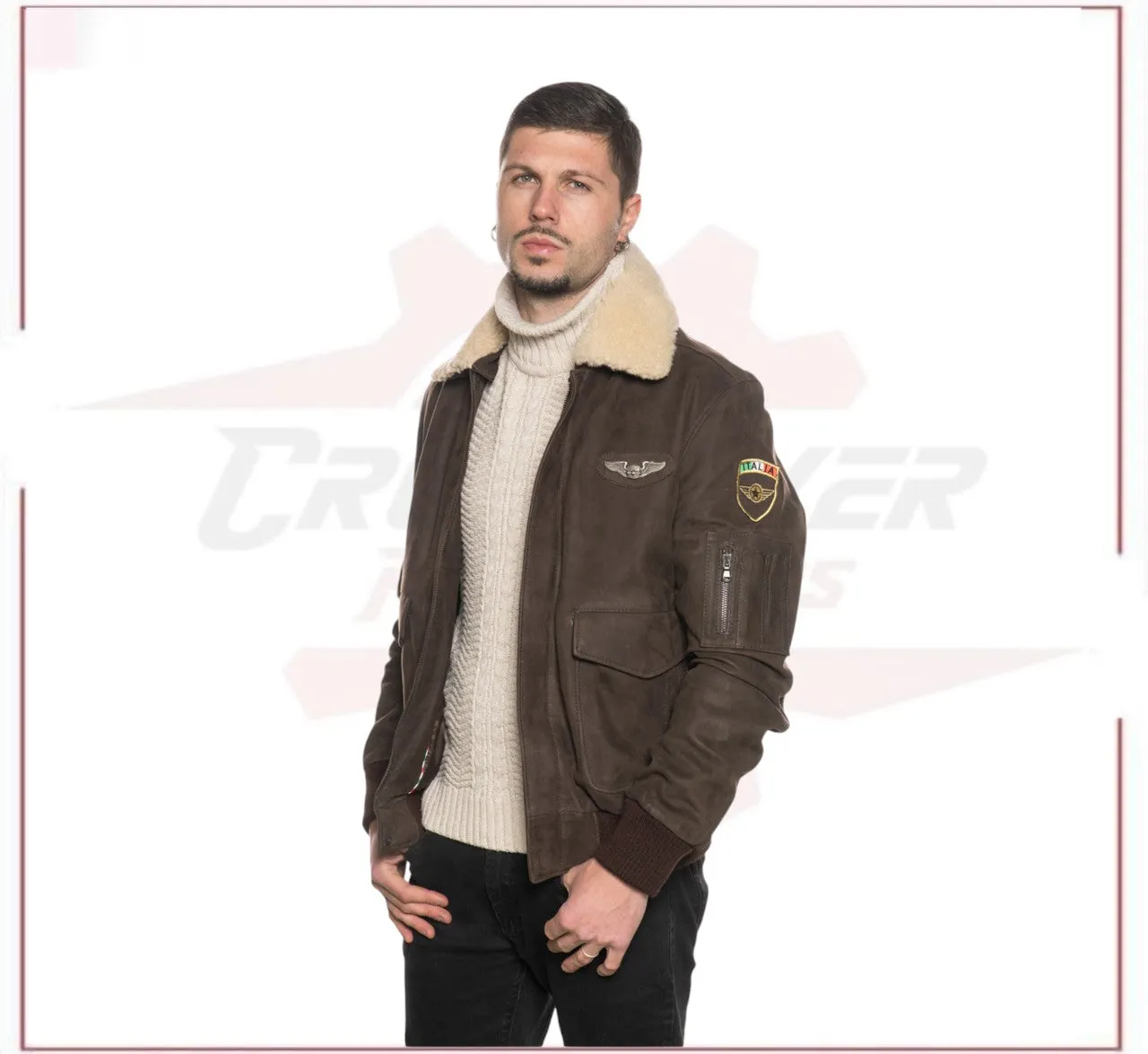 Men's Bomber Jacket in Genuine Dark Brown Nabuk Leather with Shearling Collar