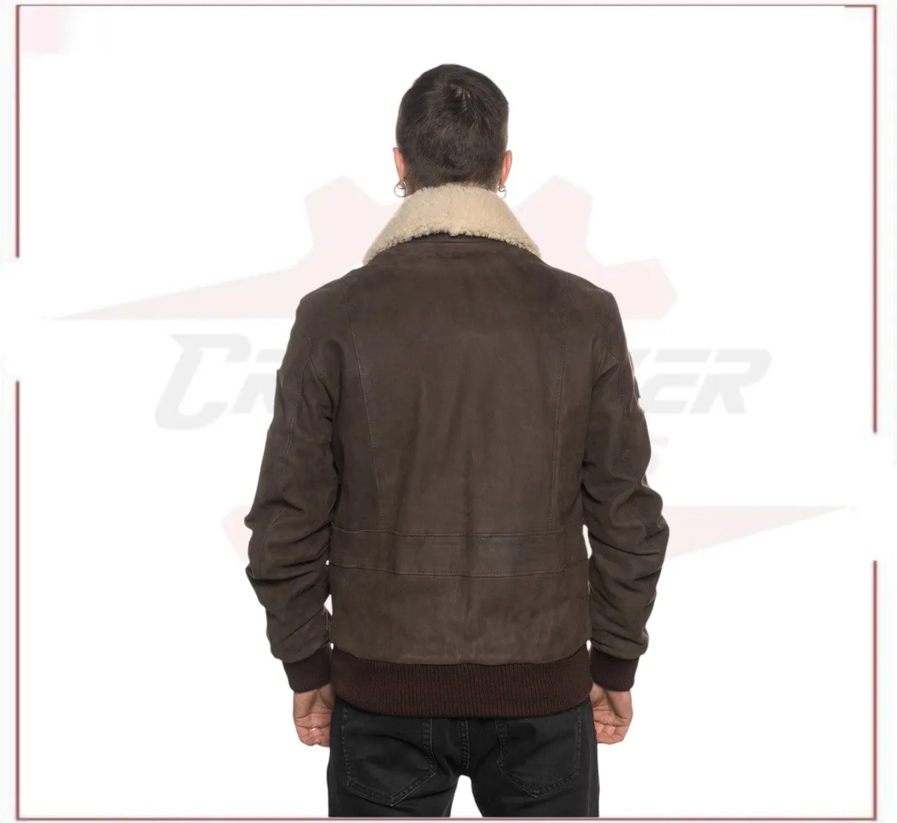 Men's Bomber Jacket in Genuine Dark Brown Nabuk Leather with Shearling Collar