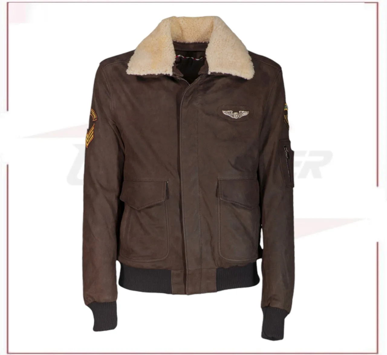 Men's Bomber Jacket in Genuine Dark Brown Nabuk Leather with Shearling Collar