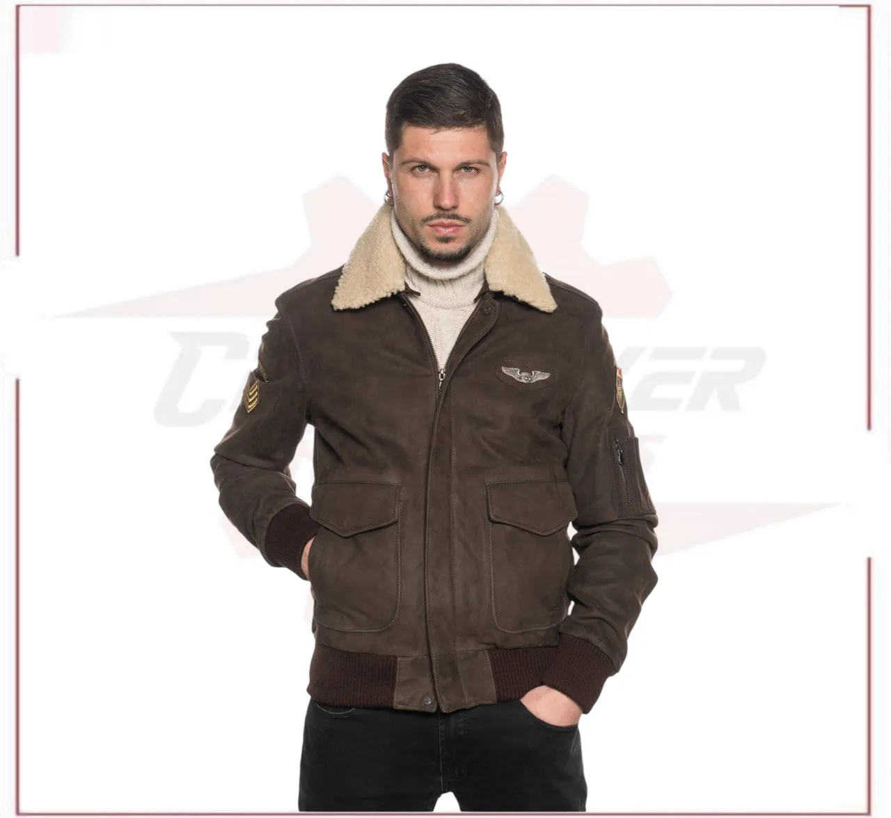 Men's Bomber Jacket in Genuine Dark Brown Nabuk Leather with Shearling Collar